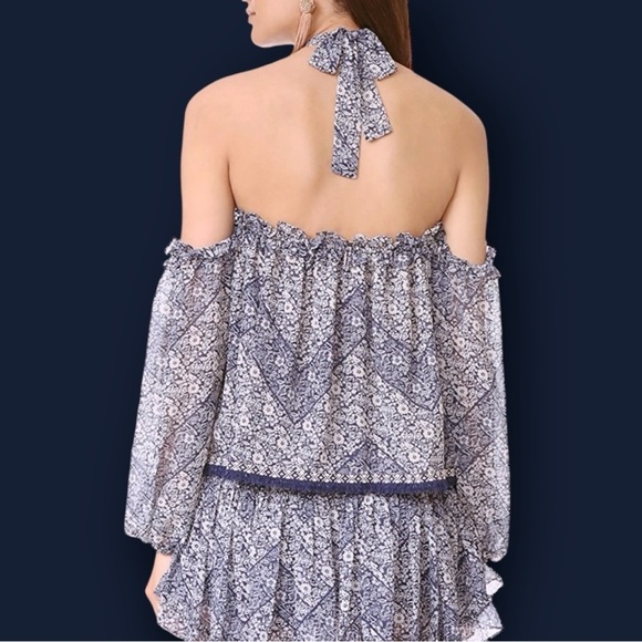 Misa Los Angeles Blue Floral Print ‘Livey’ Off The Shoulder Tie-Neck Top Size XS - Picture 3 of 16